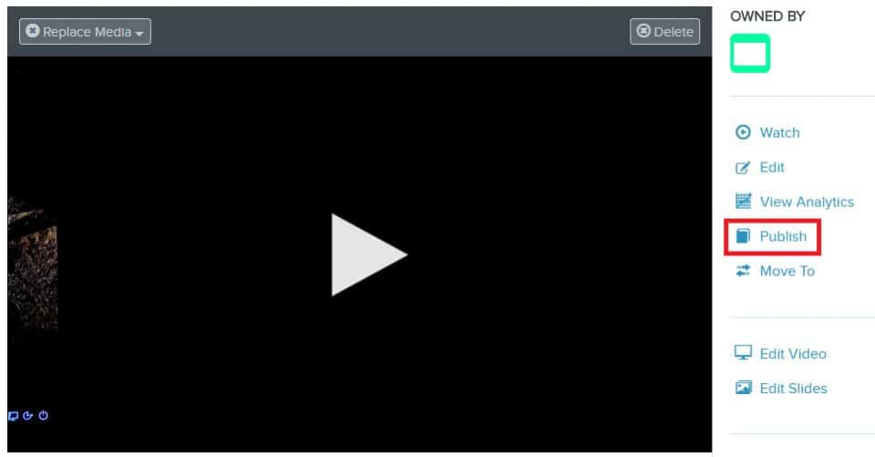 A screen capture indicating where the Publish link is