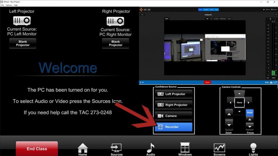 A screen capture of the touch panel interface with an arrow pointing to the Recorder button