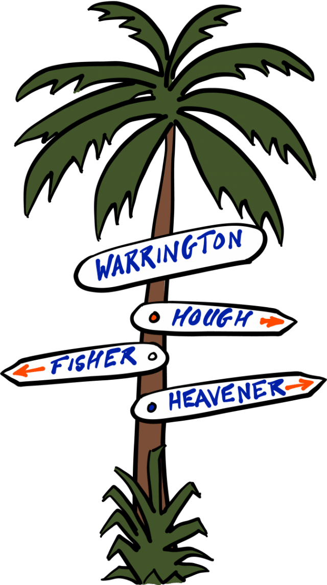 Illustration of a palm tree with signs for Warrington, Hough, Fisher, and Heavener