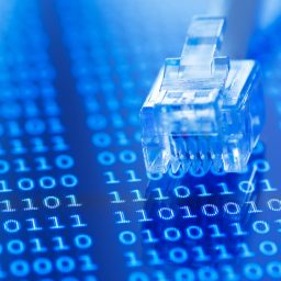 Ethernet cable end with binary code in the background