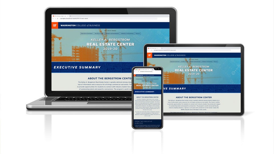 A laptop, tablet and phone displaying the Kelley A. Bergstrom Real Estate Center 2019-20 Annual Report website