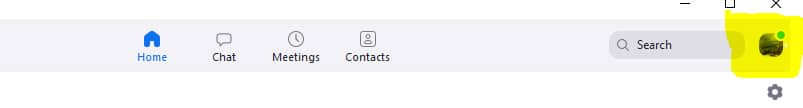 Zoom window menu bar showing Home, Chat, Meetings, Contacts, Search, and account icon which is highlighted