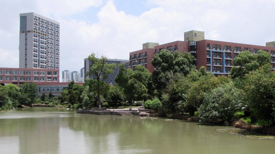 UNNC campus buildings along the water, Ningbo, China