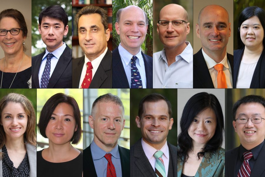 The 13 tenure-track faculty members of Warrington's Department of Management. From left: Joyce Bono, Nan Zhang, Larry DiMatteo, Robert Emerson, Amir Erez, Aaron Hill, Yixuan Li, Klodiana Lanaj, Gwen Lee, David Gaddis Ross, Brian Swider, Heng Xu and Mo Wang.