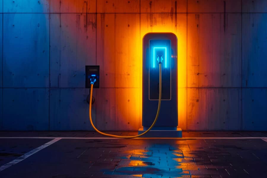 A graphic cord plugged into an outlet and a glowing charging station against a wall and by a brick parking spot