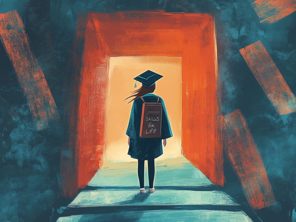 Illustration of a graduate walking through a doorway.