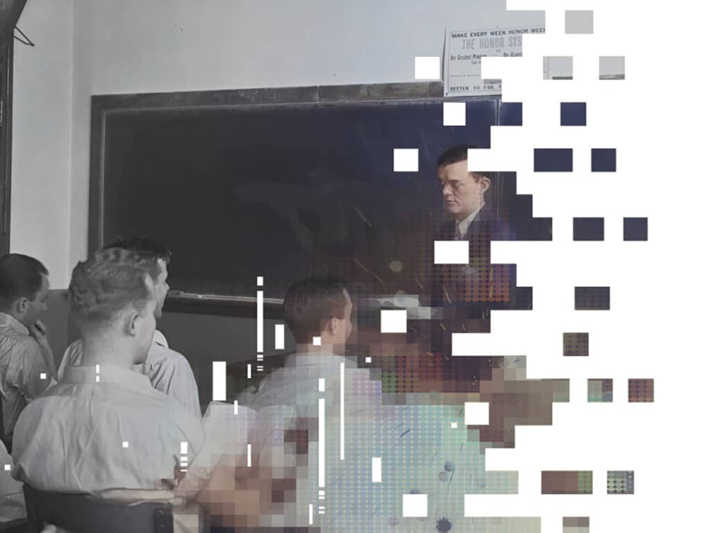 Historic classroom with futuristic pattern overlay.