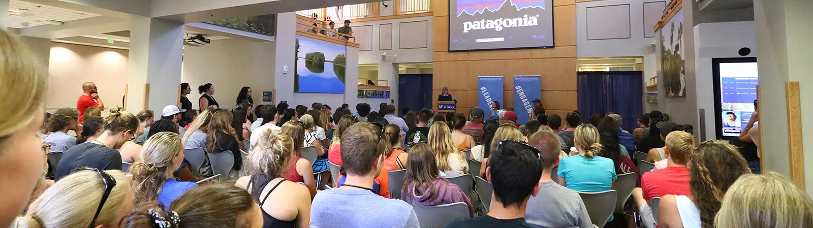 Students gathered at a Patagonia speaking event on UF campus. 