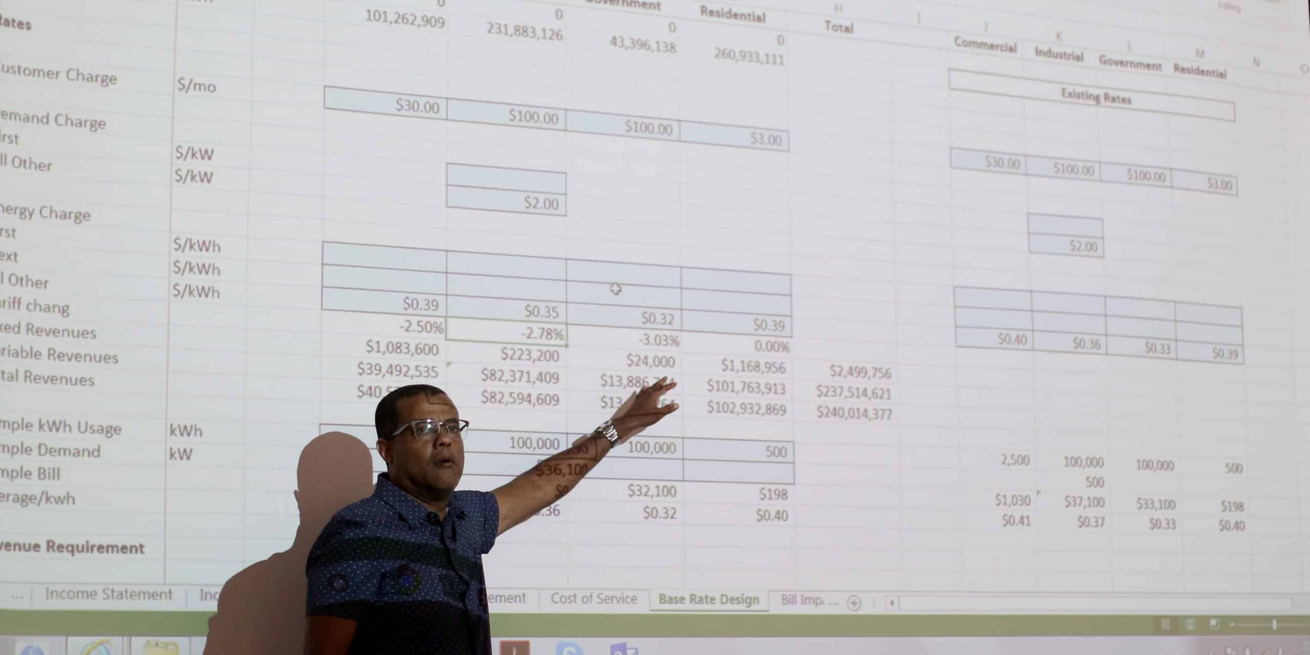 Man presenting in front of a projector that shows a spread sheet of values.
