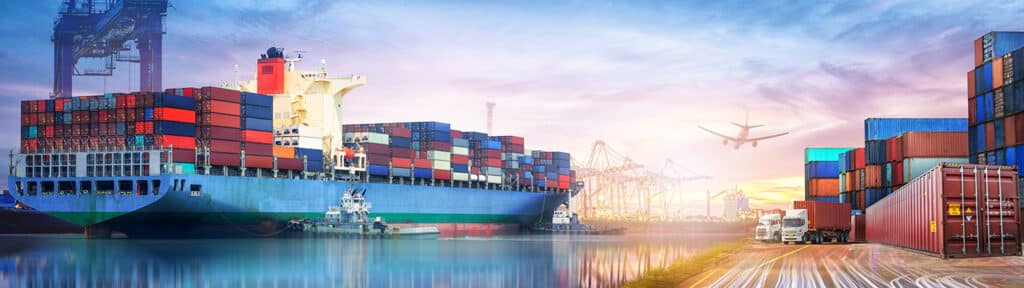 Logistics and transportation of International Container Cargo ship and cargo plane in the ocean at twilight sky.