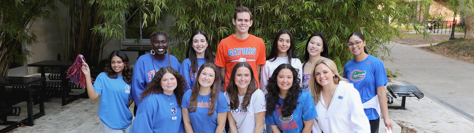 Students in school spirit attire posing for a group photo.