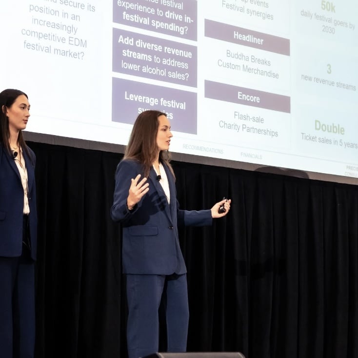 Sarah Pagels presenting on stage at the JMUCC competition