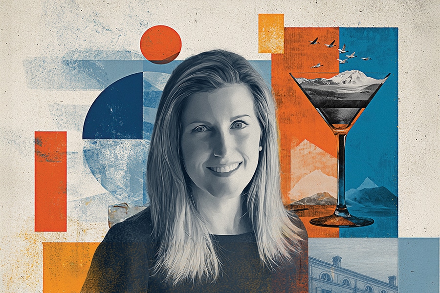 An image of Katie Redlien with an artwork background