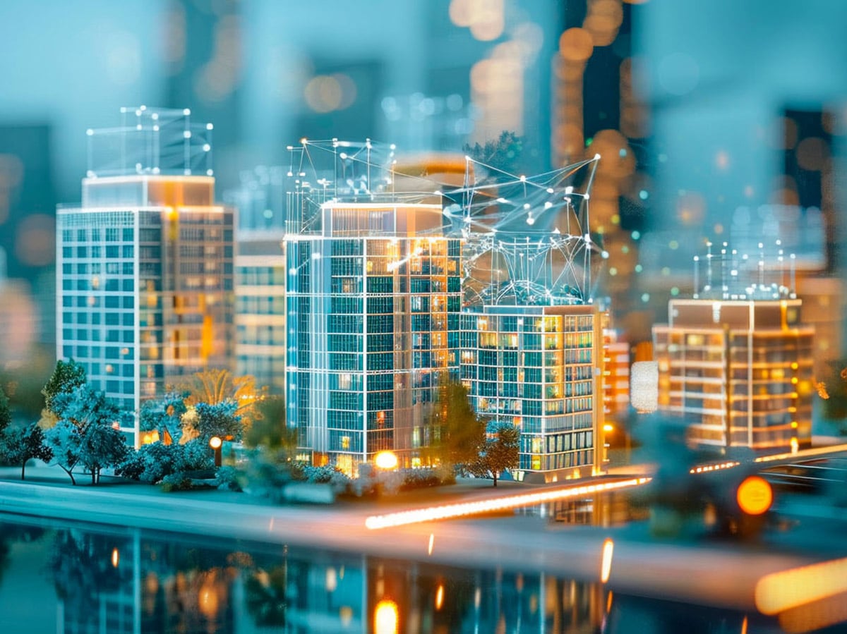 An illustration of city buildings reflected in water and groups of lines have dots where they intersect on top of the buildings. The depth of field has only the closest buildings in focus.