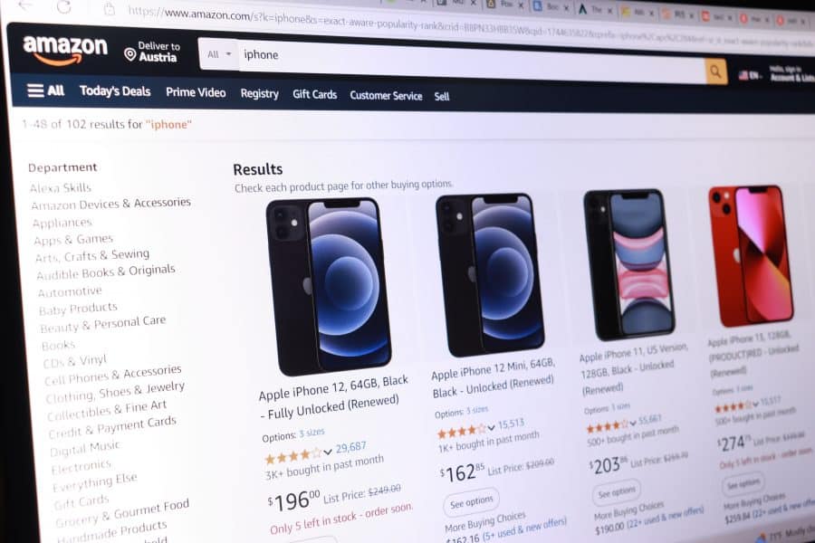 Online shopping for iphones on amazon search results page.
