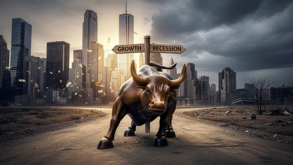 An illustration of a bull statue in front of a wayfinder sign with "Growth" on one side and "Recession" on the other as paper money blows in the breeze of a nearby storm. Tall buildings in the background has some sun shining through.