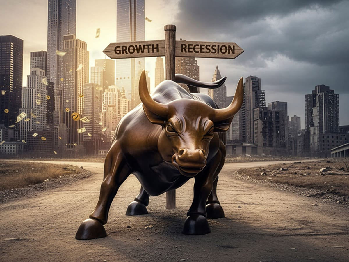An illustration of a bull statue in front of a wayfinder sign with "Growth" on one side and "Recession" on the other as paper money blows in the breeze of a nearby storm. Tall buildings in the background has some sun shining through.