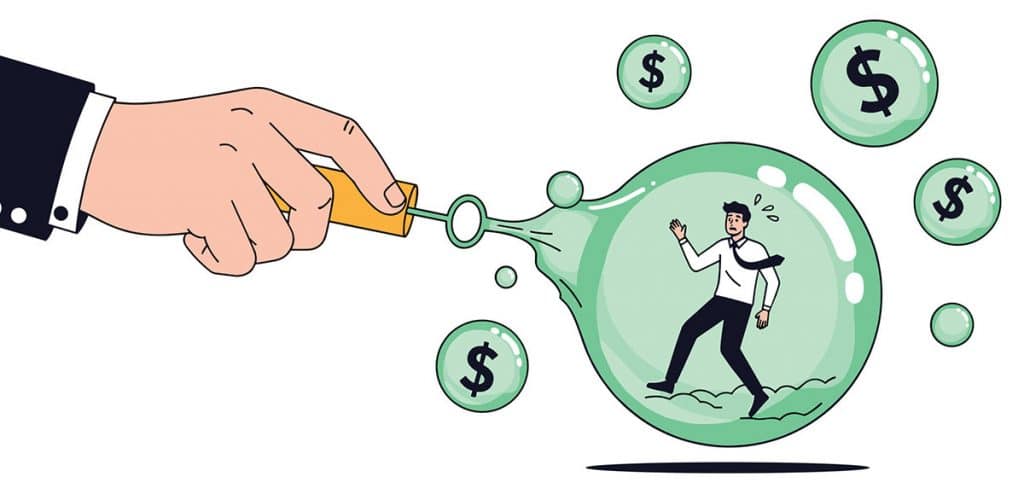 An illustration of a hand holding a soap bubble maker with a small, worried business man inside the largest bubble while smaller bubbles with dollar signs float around
